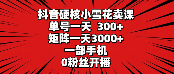 抖音硬核小雪花卖课，单号一天300+，一部手机0粉丝开播 矩阵一天3000+-项目网