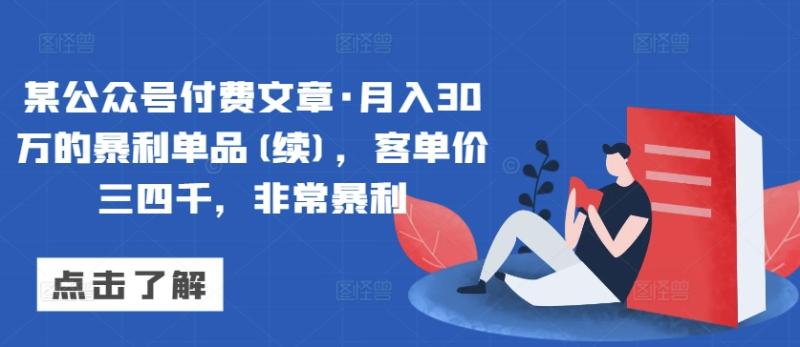 某公众号付费文章·月入30万的暴利单品(续)，客单价三四千，非常暴利-项目网