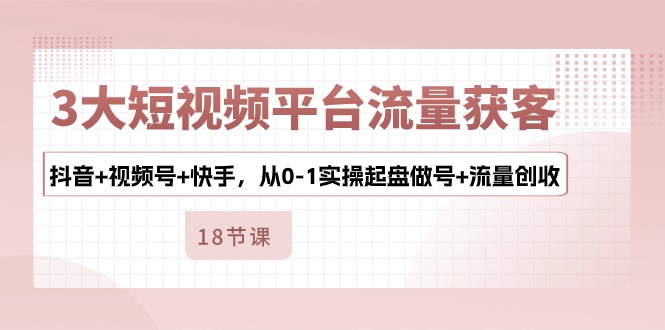 3大短视频平台流量获客，抖音+视频号+快手，从0-1实操起盘做号+流量创收-项目网