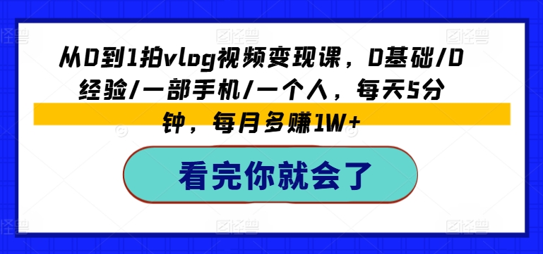 从0到1拍VLOG视频变现课，0基础/0经验/一部手机/一个人，每天5分钟，每月多赚1W+-项目网